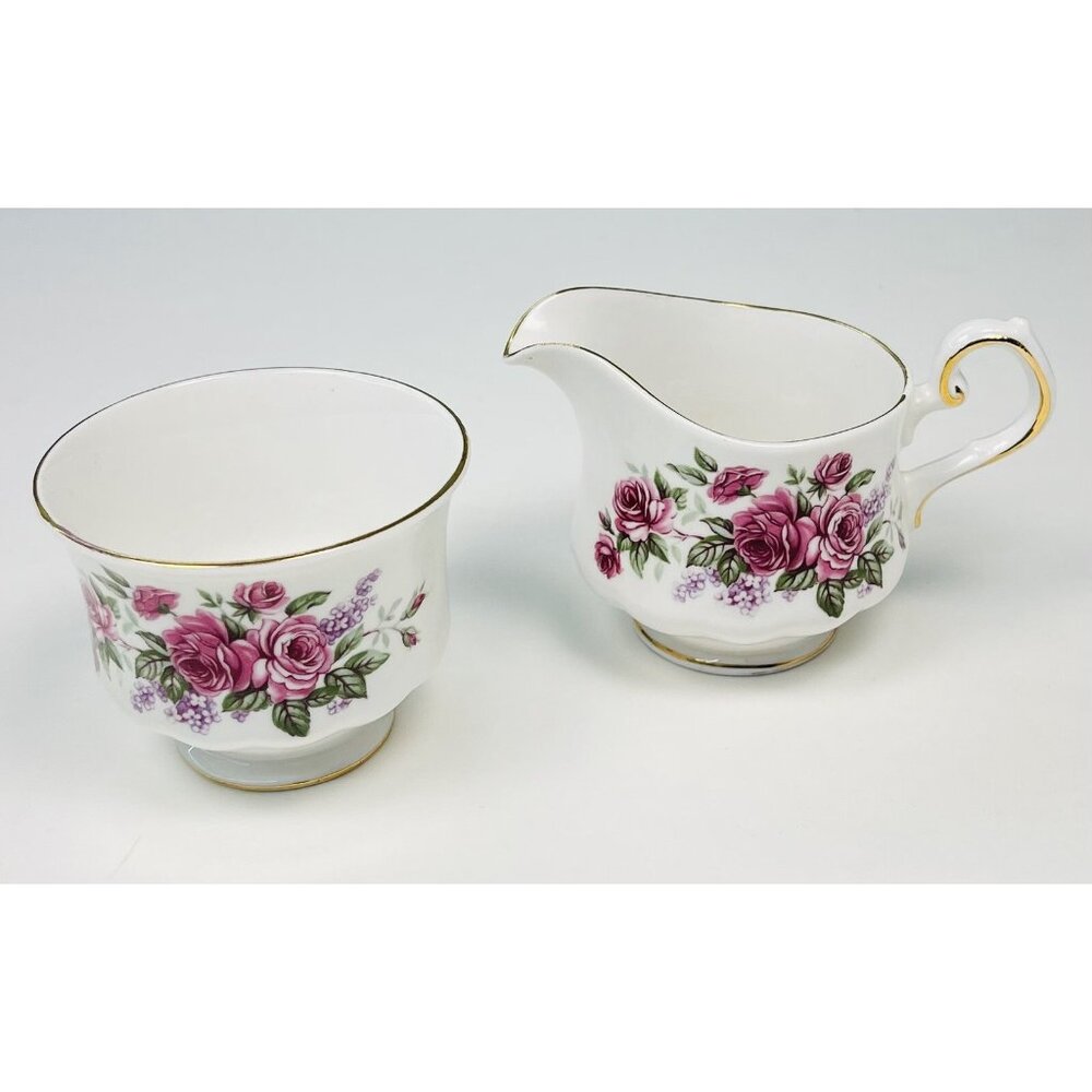 VTG QUEEN ANNE Handpainted Bone China Pink Rose CREAMER & SUGAR 8544 England EUC